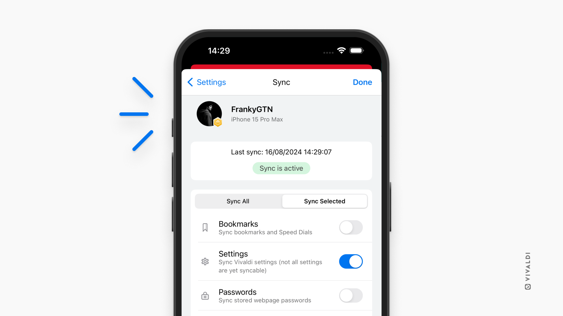 Vivaldi on iOS showing Sync settings where a badge is displayed on top of the avatar.