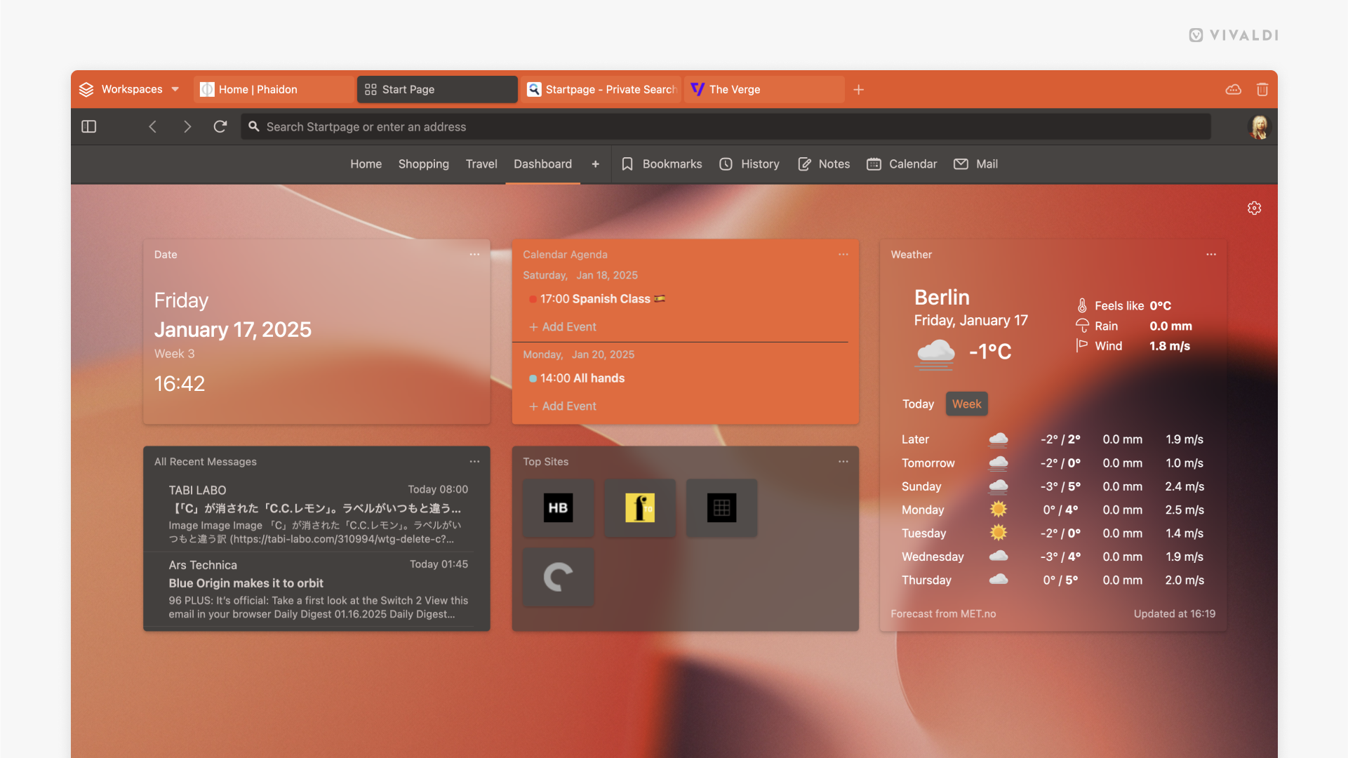 Vivaldi's Start Page Dashboard with multiple widgets all showing a different background style.