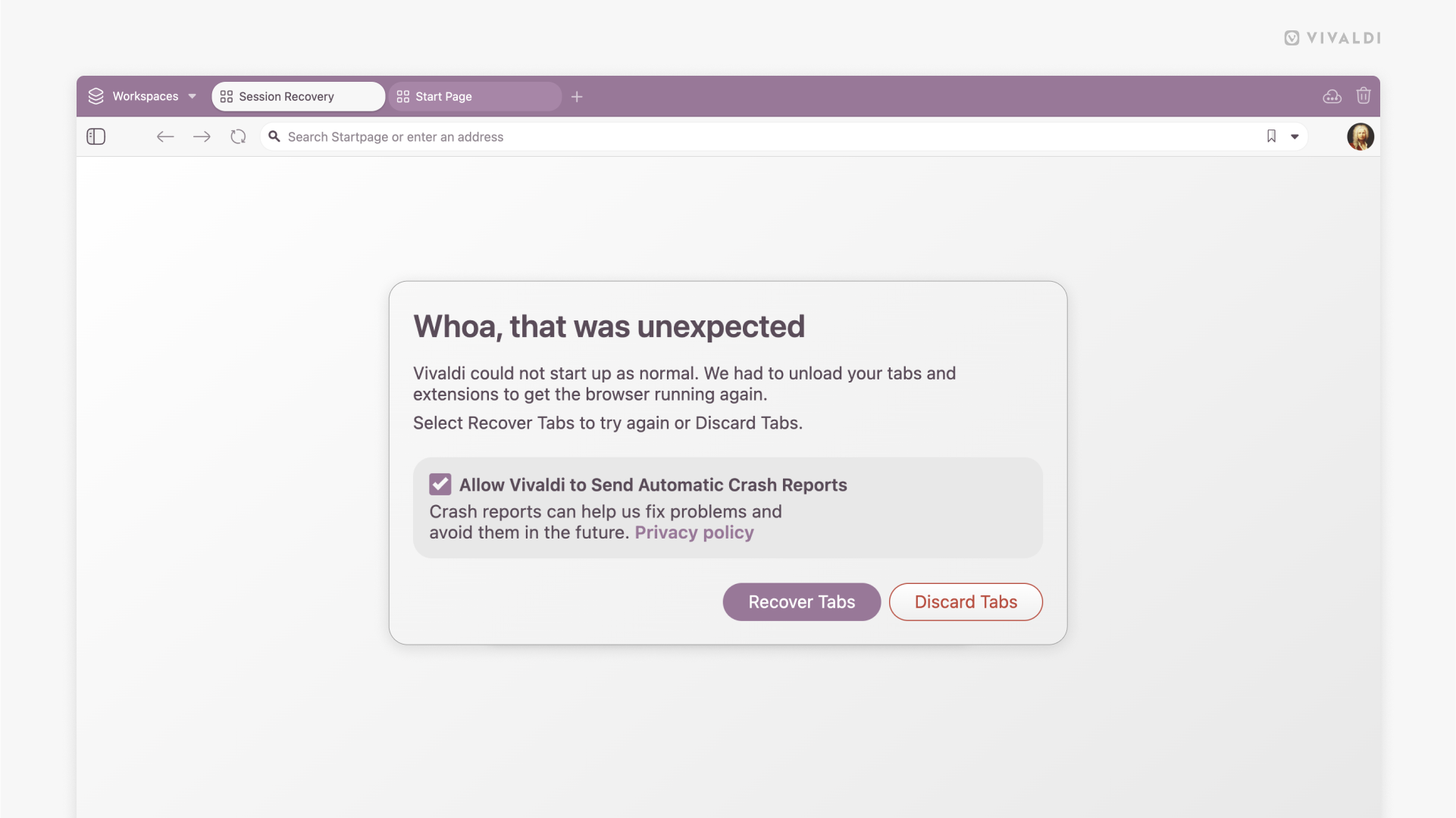 A dialog that is displayed in cases where Vivaldi ends up in a crash loop, asking whether you want to recover your tabs or discard them and start fresh.