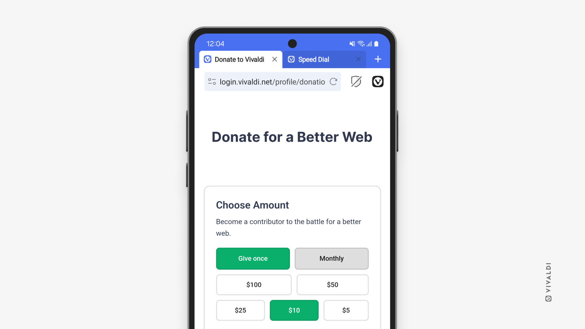 Vivaldi on Android with the Donate site open as the active tab.