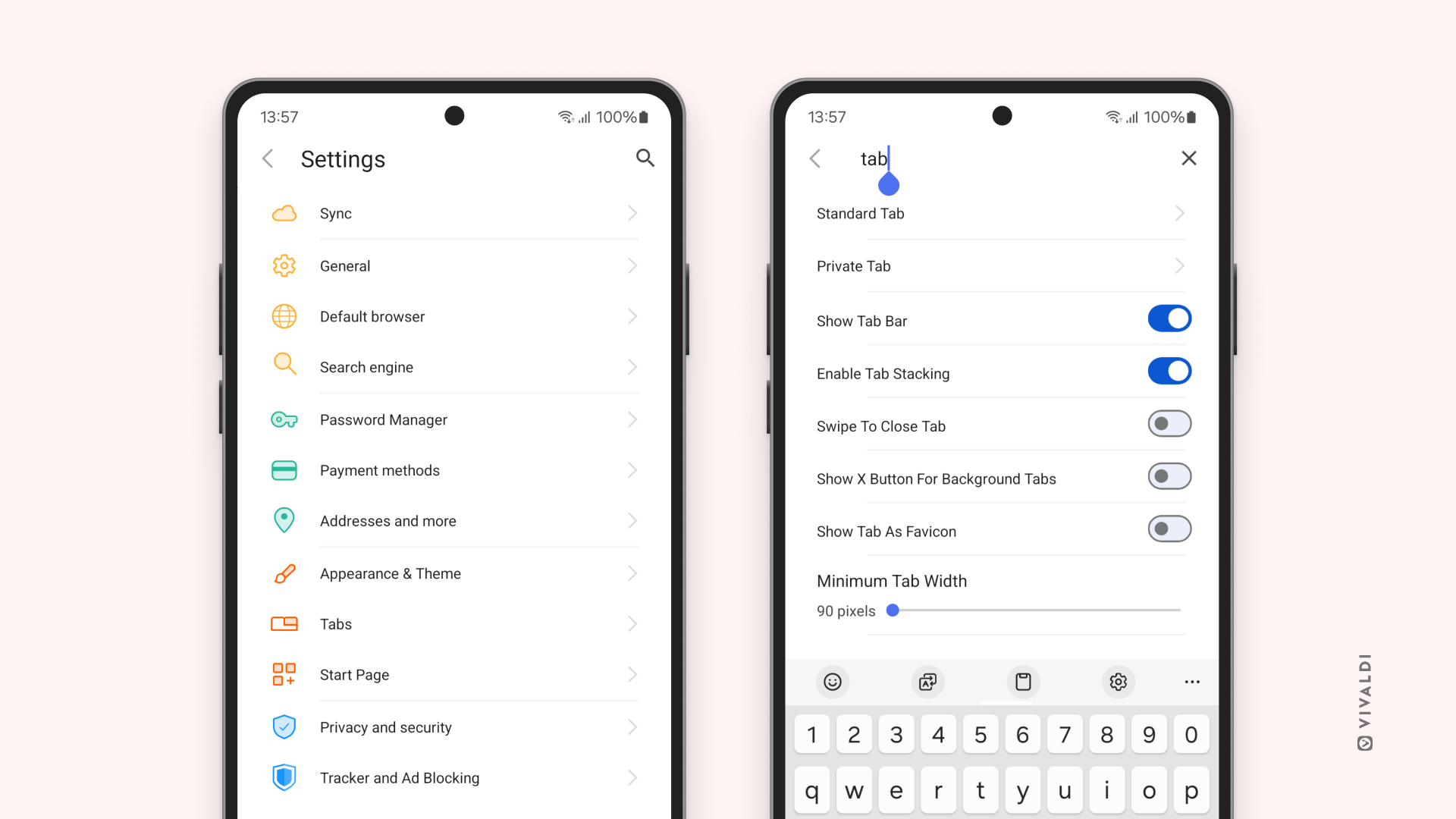 Two phones next to each other showing the new Settings menu on the Vivaldi browser.