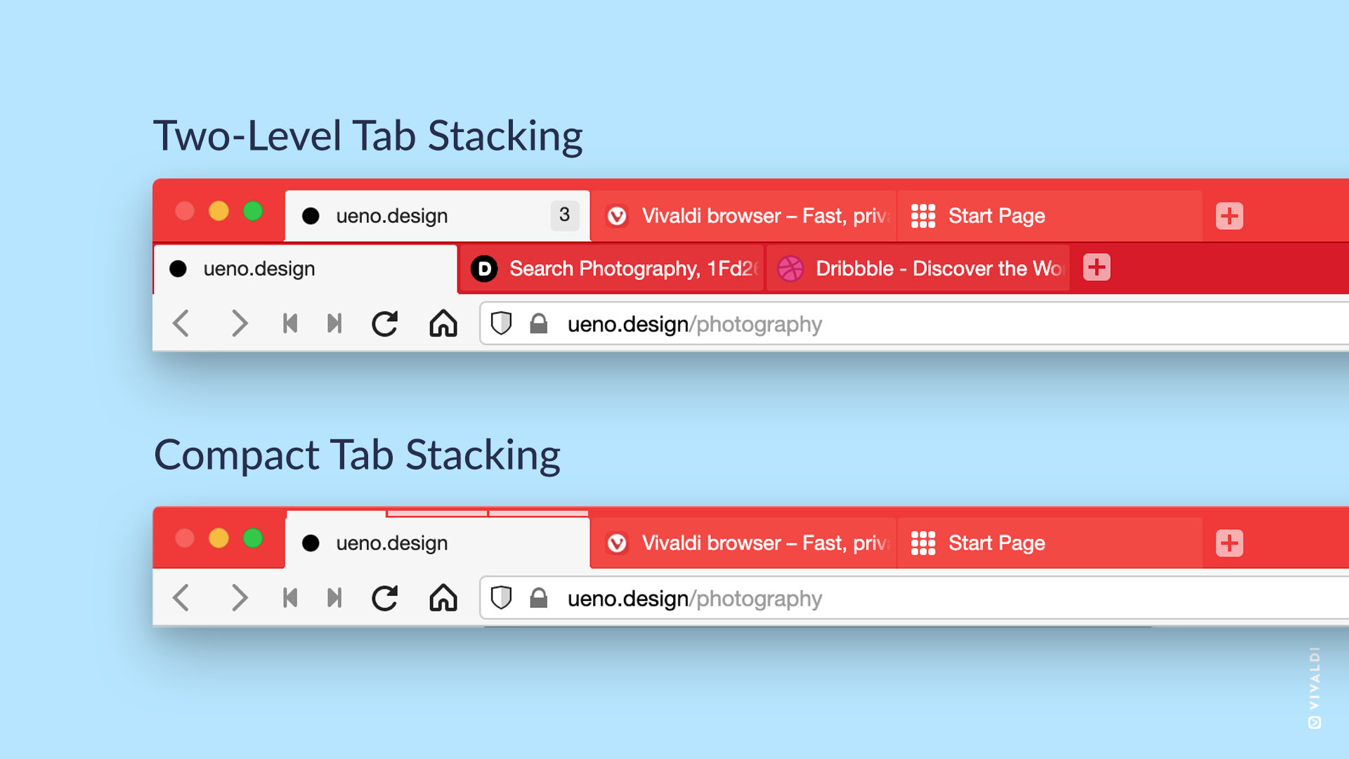 Two-Level and Compact tab stacks in Vivaldi browser.