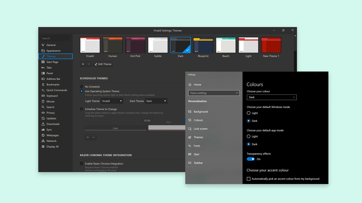 Themes settings in Vivaldi and Windows