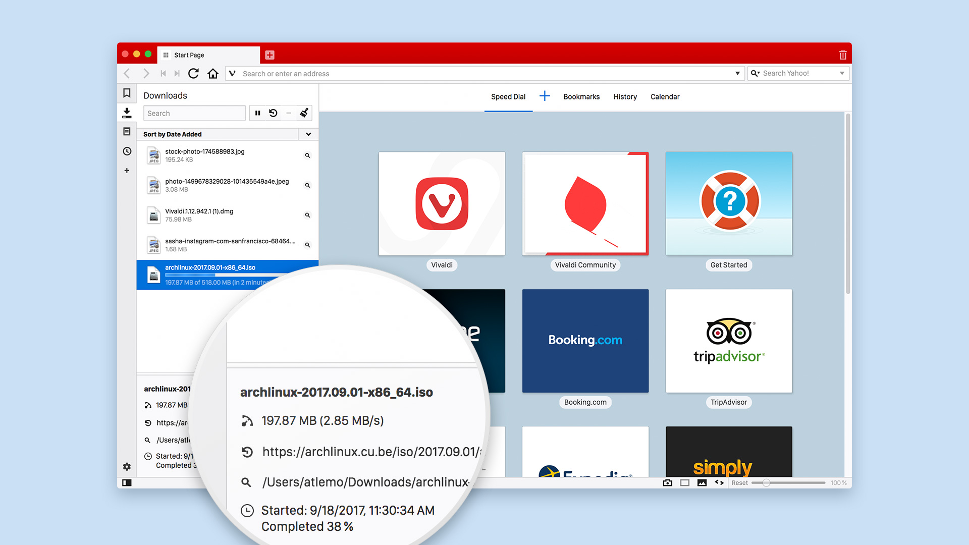 Downloads panel in the Vivaldi browser