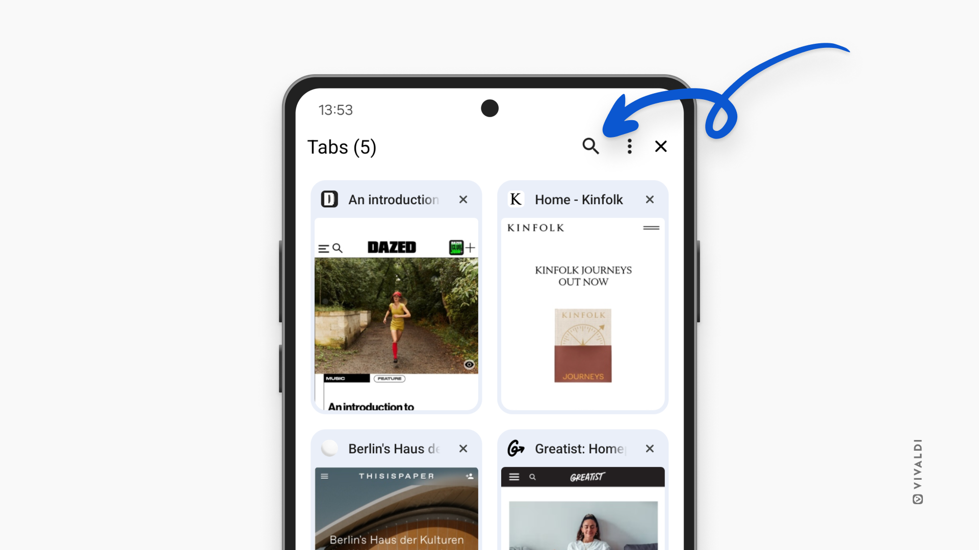 Android 版 Vivaldi のタブスイッチャーで、右上隅の検索ボタンに向かって矢印が指し示されています。