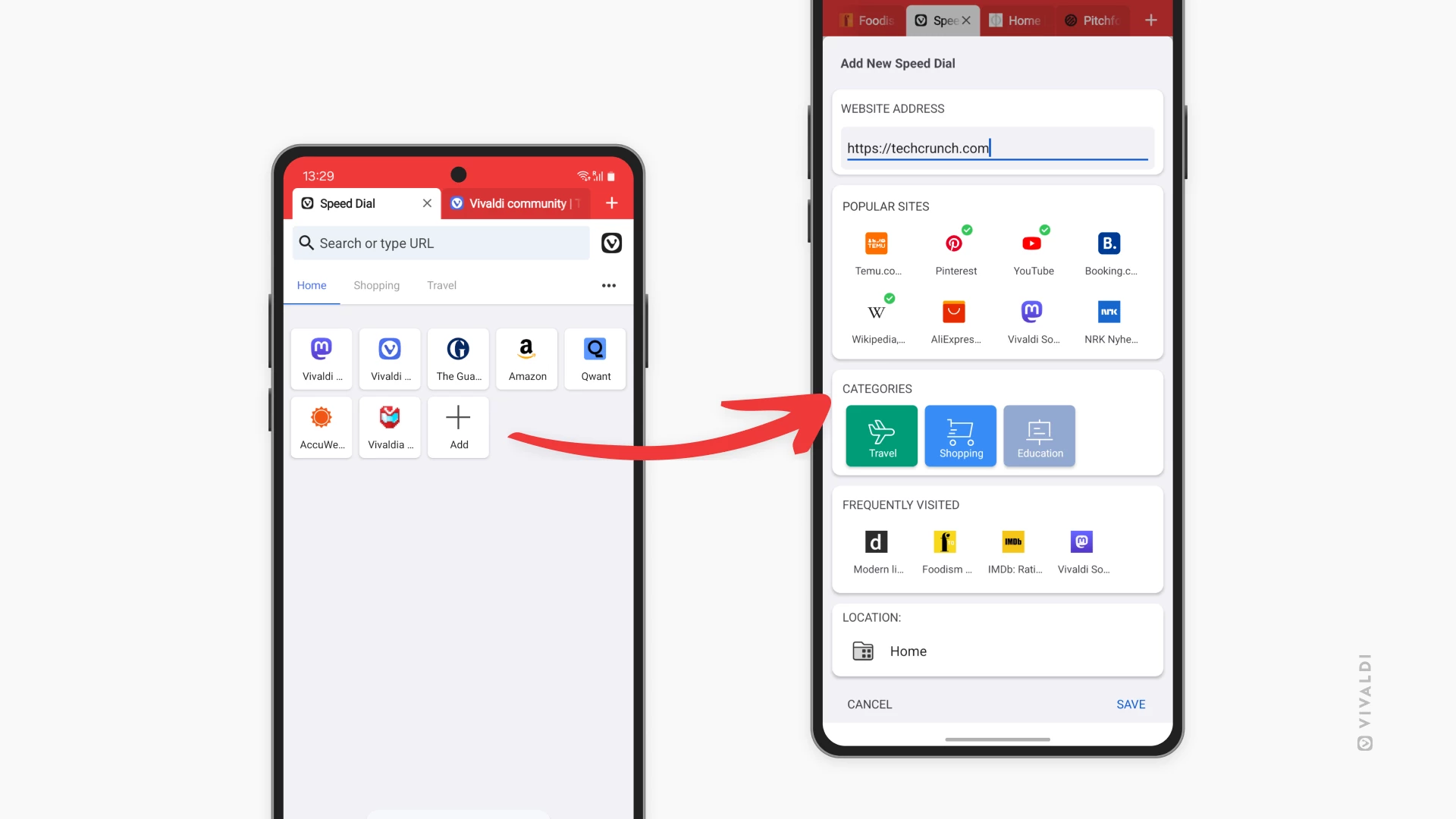 2 台の Android スマートフォンが並んでおり、1 台目は Vivaldi のスタートページにスピードダイヤルが表示されています。スタートページの「追加」ボタンから、2 台目のスマートフォンに表示されている新しいスピードダイヤル追加ダイアログへ矢印が指し示されています。