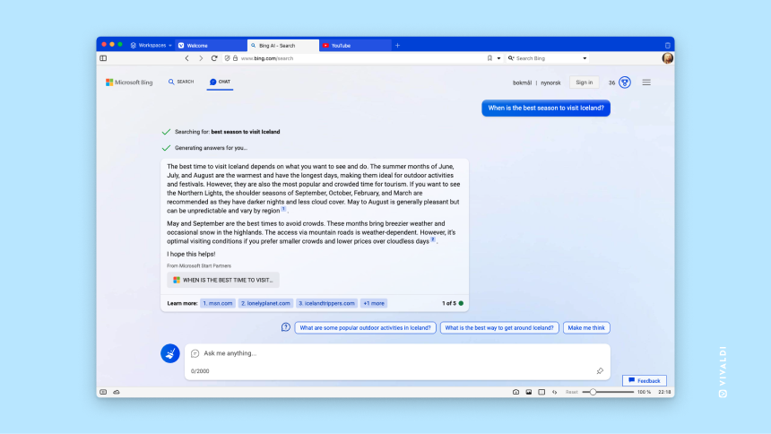 Bing Chat open in Vivaldi browser.