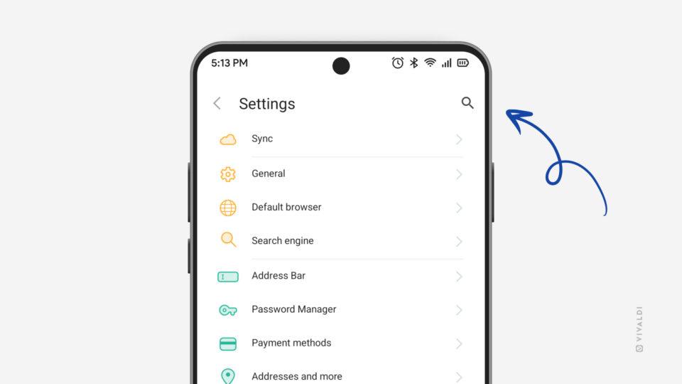 Settings page in Vivaldi on Android. An arrow is pointing at the search button in the top right corner of the page.