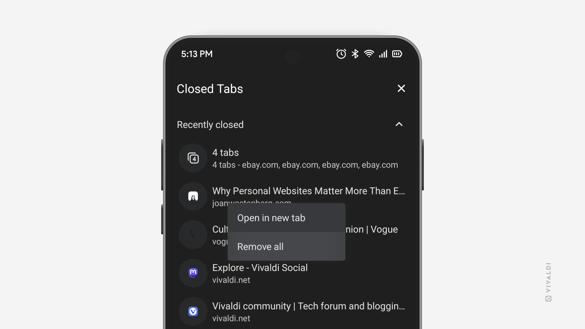 Closed Tabs page in Vivaldi on Android's Tab Switcher. Context menu offering to remove all closed tabs is open in the foreground.