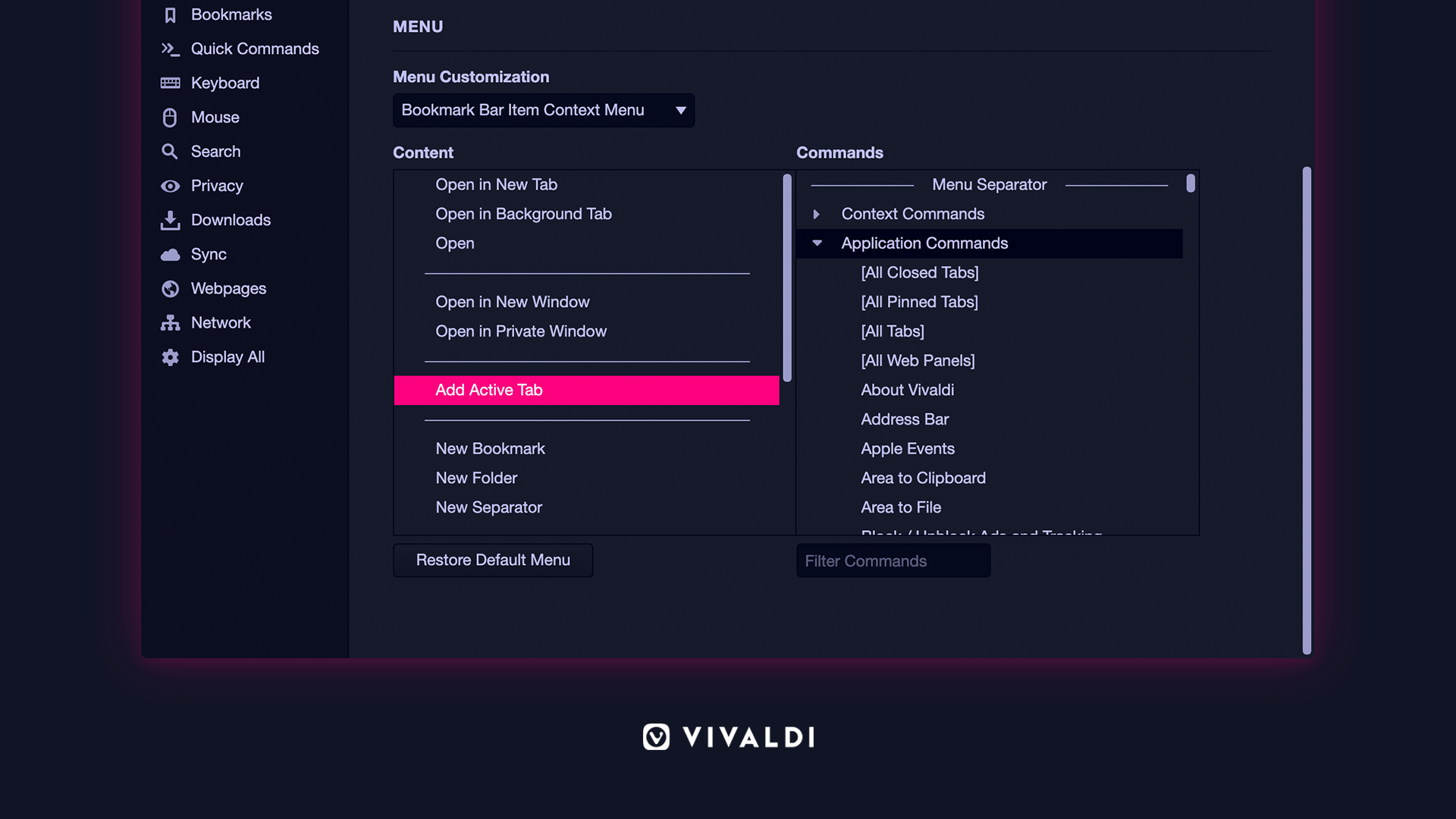 Configurable context menu Vivaldi browser.