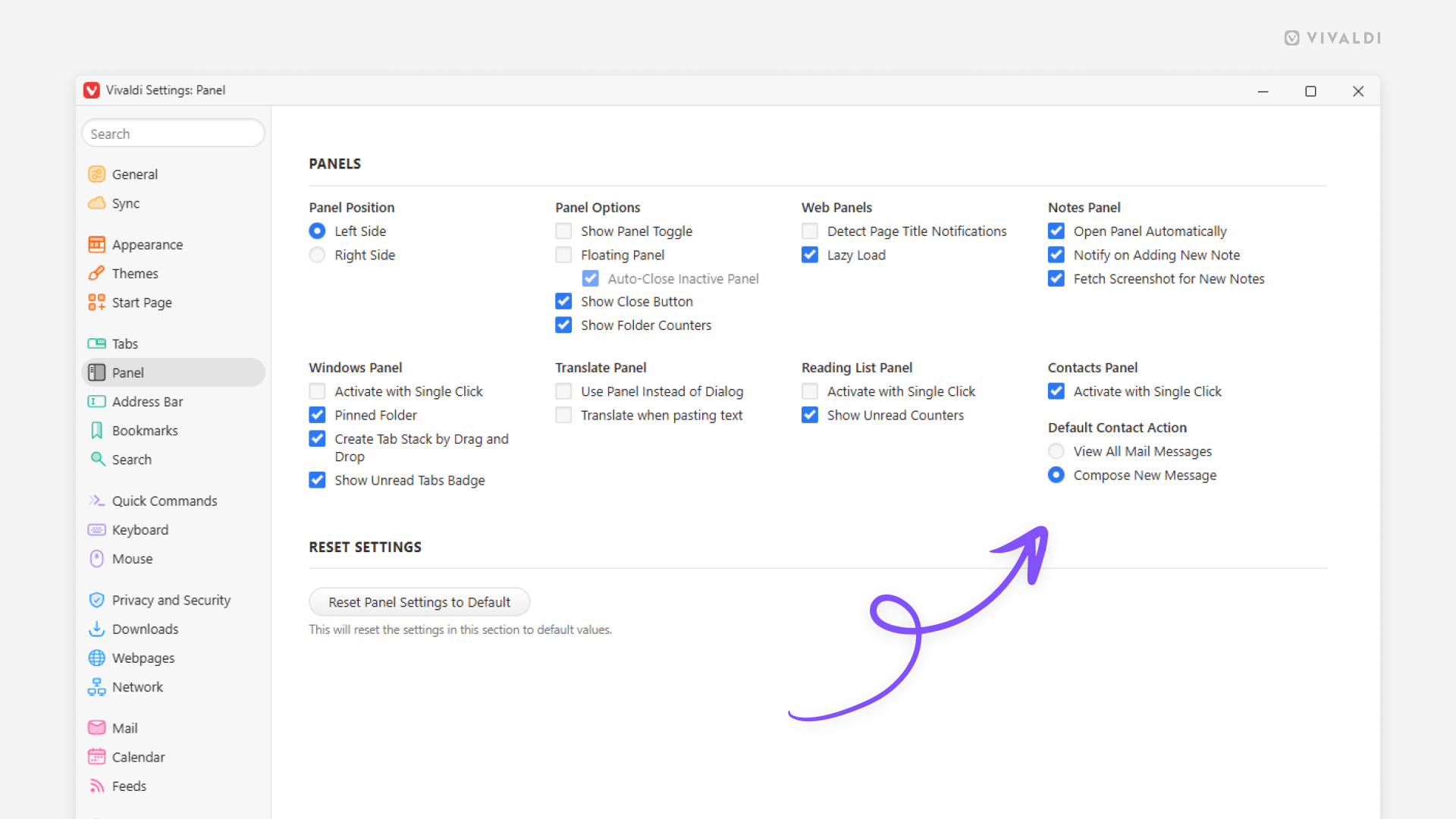 Panels settings in Vivaldi Browser. An arrow is pointing at Contacts Panel setting.