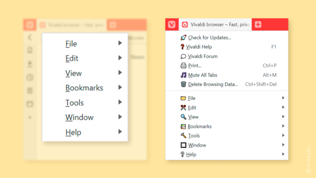 Before and after: the application menu in Vivaldi browser