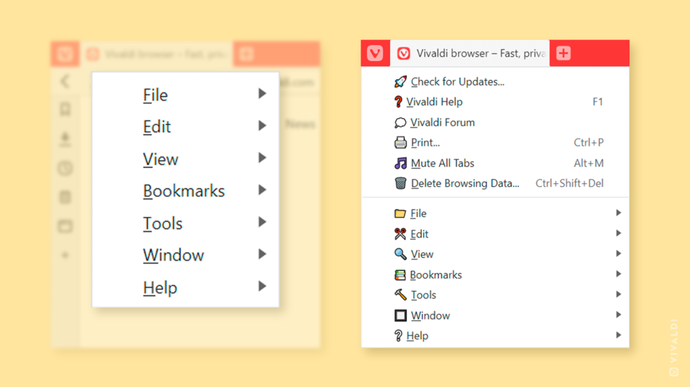 Before and after: the application menu in Vivaldi browser