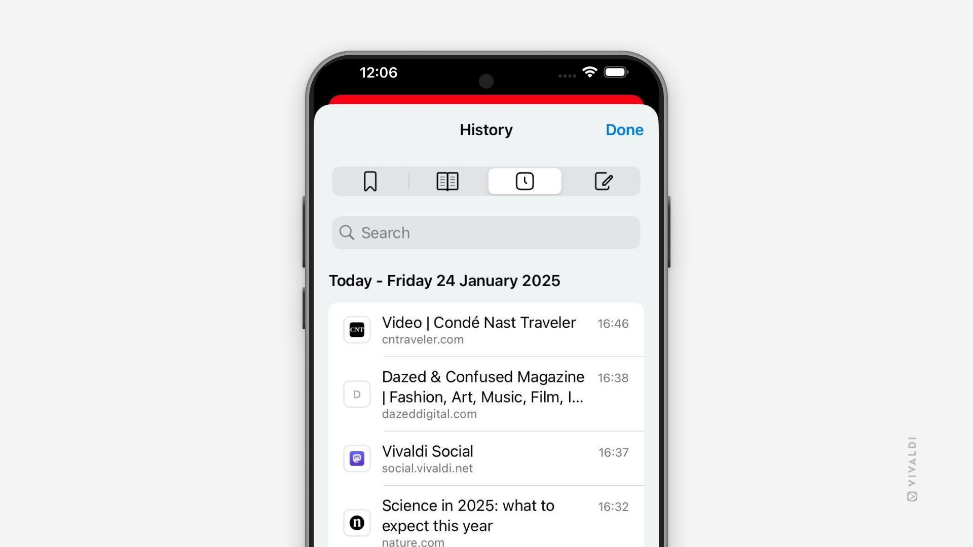 History Panel in Vivaldi on iOS