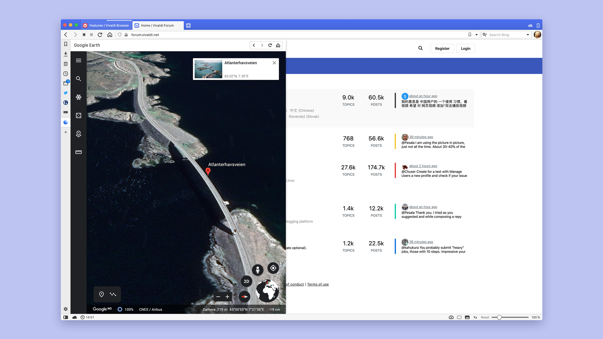 Google Earth shows how to use Web Panel with Atlanterhavsveien in Norway.