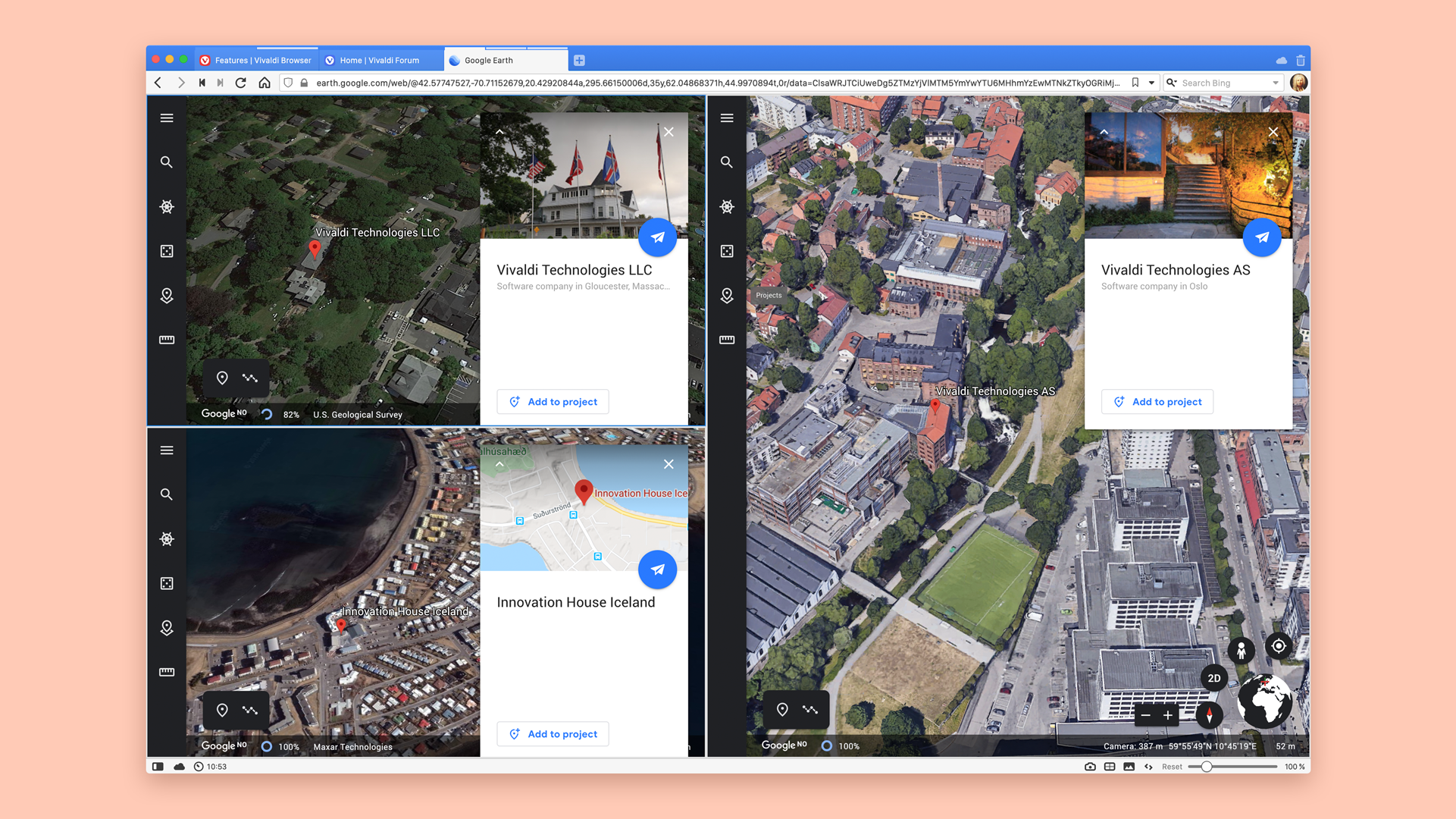 Google Earth shows how to use split screen with locations of Vivaldi offices.