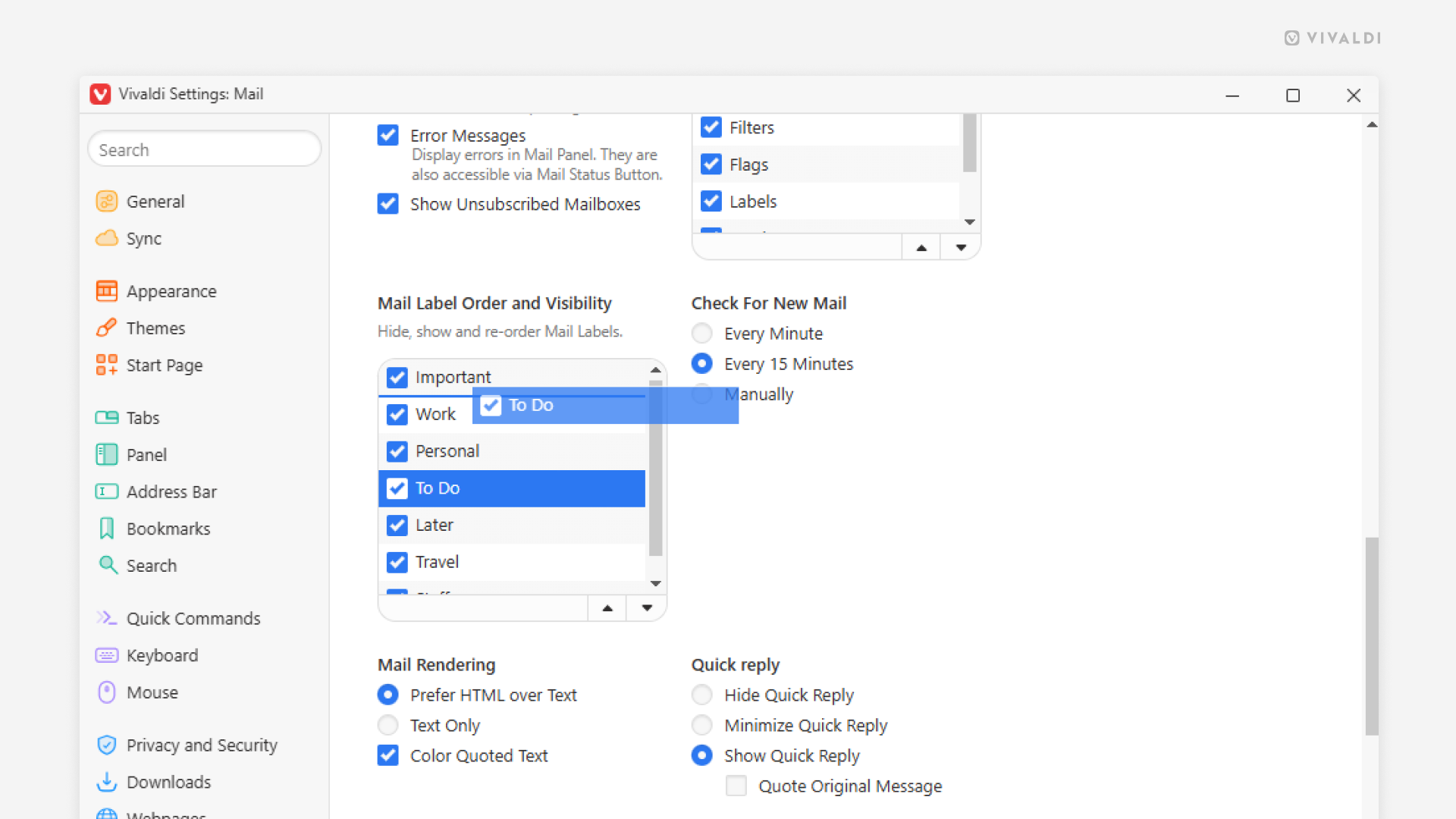 Vivaldi Mail's settings. A label is being dragged to a different spot on the labels list.