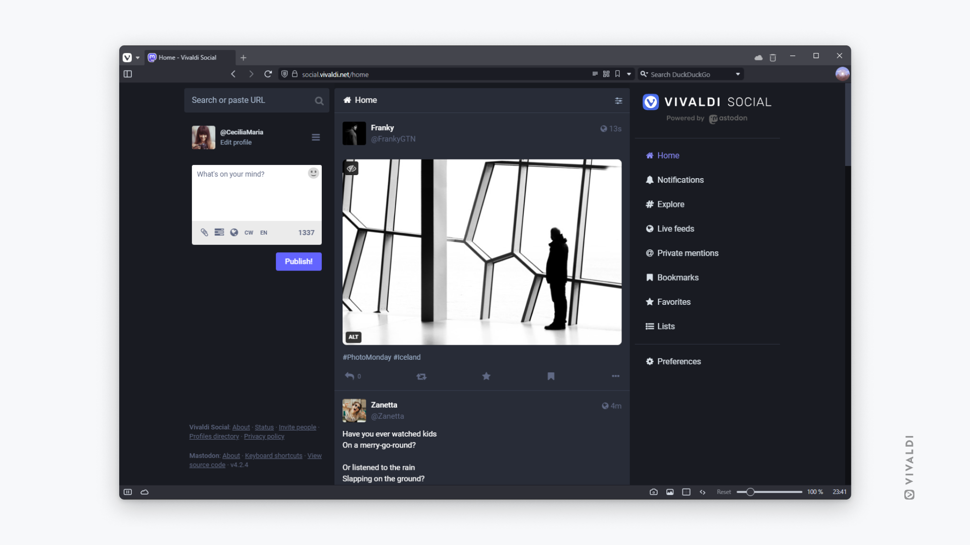 Vivaldi Social with Mastodon Dark theme