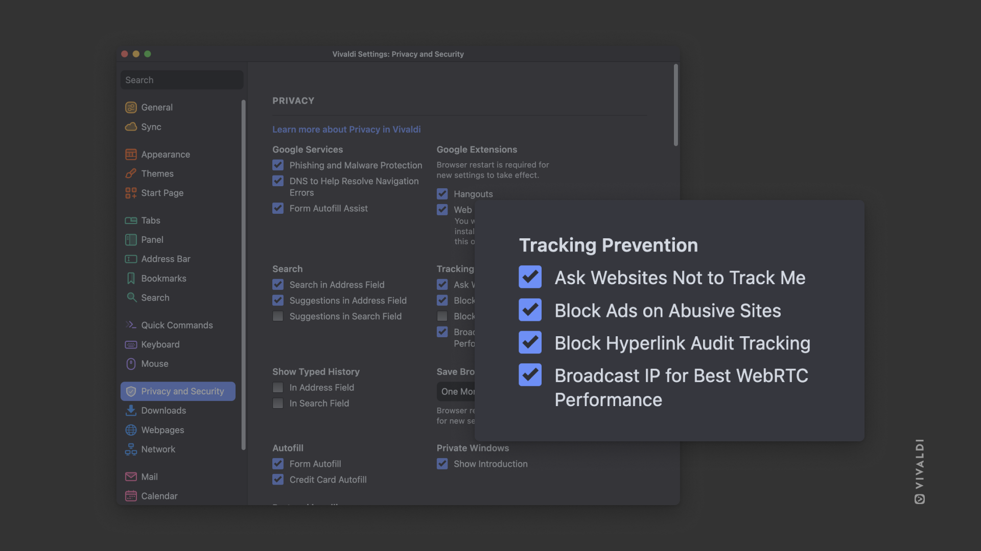 Vivaldi's privacy and security settings highlighting tracking prevention section 