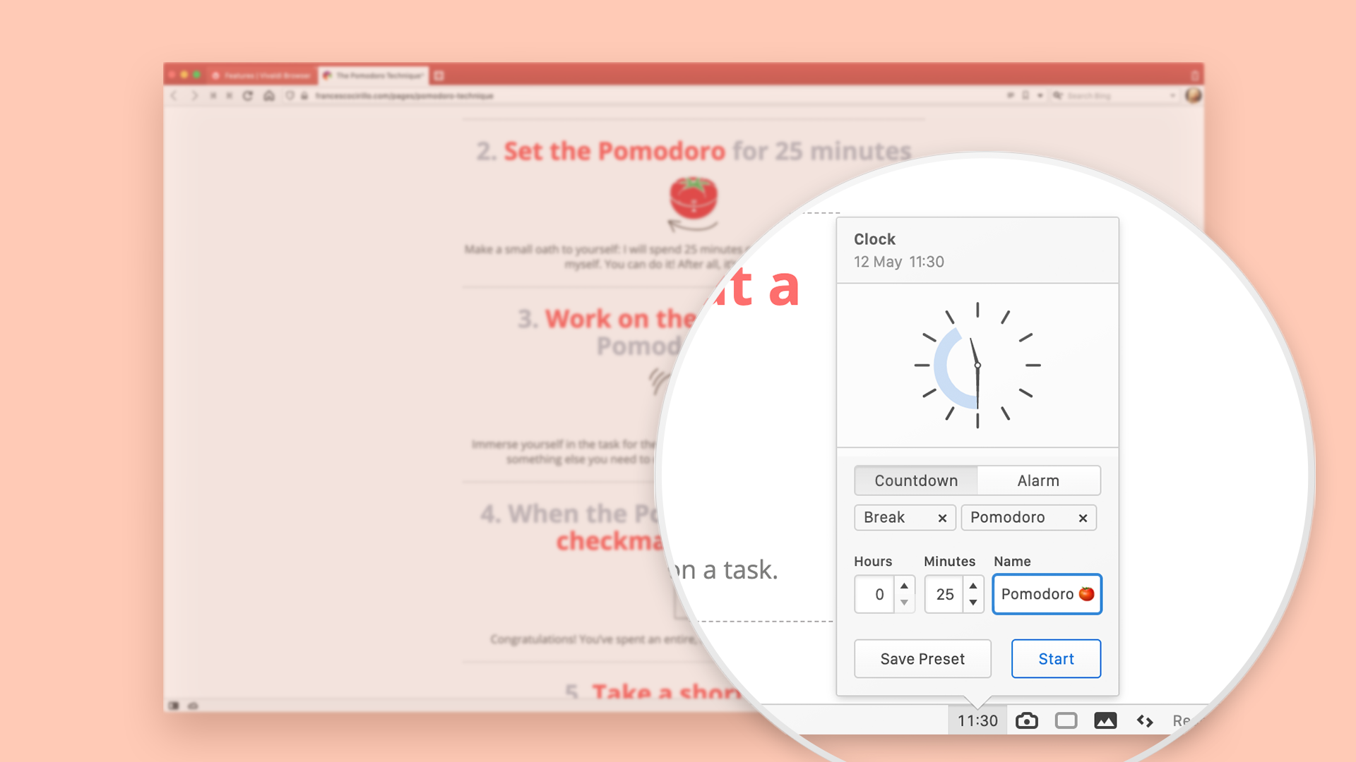 The Pomodoro timer menu in Vivaldi browser.