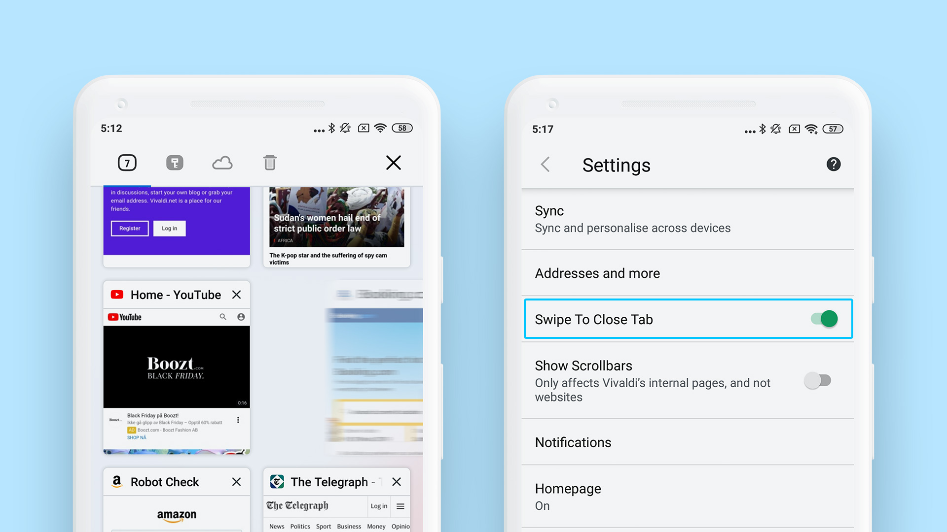 Swipe to close tabs on Vivaldi for Android