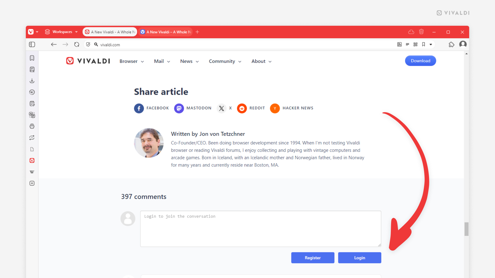 Vivaldi Blog's article open in Vivaldi Browser. An arrow is pointing at the Login button to be ablet to post a comment.