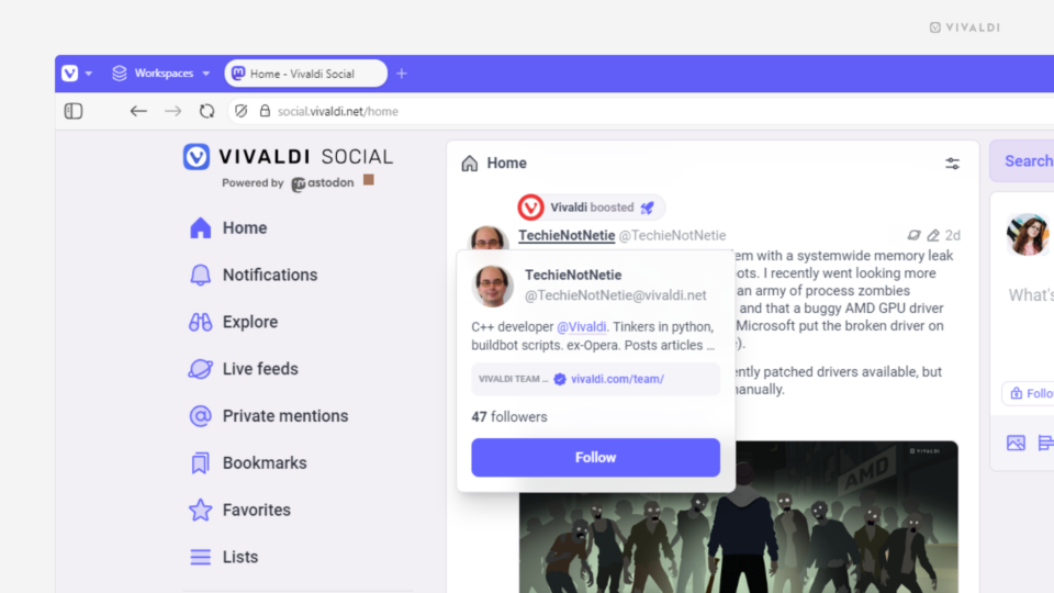 Home feed open in Vivaldi Social. Little preview window of a profile is open on top of the author's post.