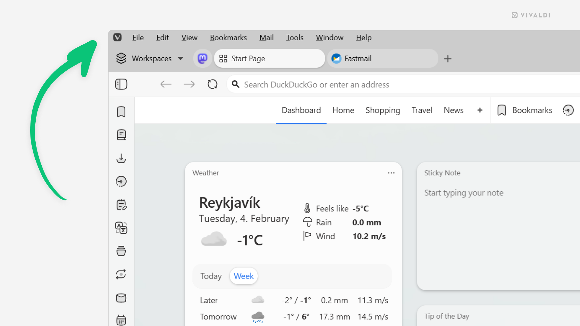 Vivaldi browser window with the Horizontal Main Menu enabled. Arrow points at the Vivaldi icon in the top left corner.