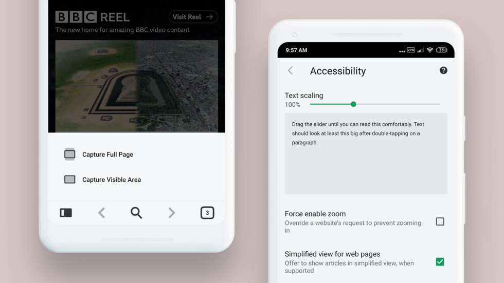 Capture and Reader Mode settings in Vivaldi Beta for Android