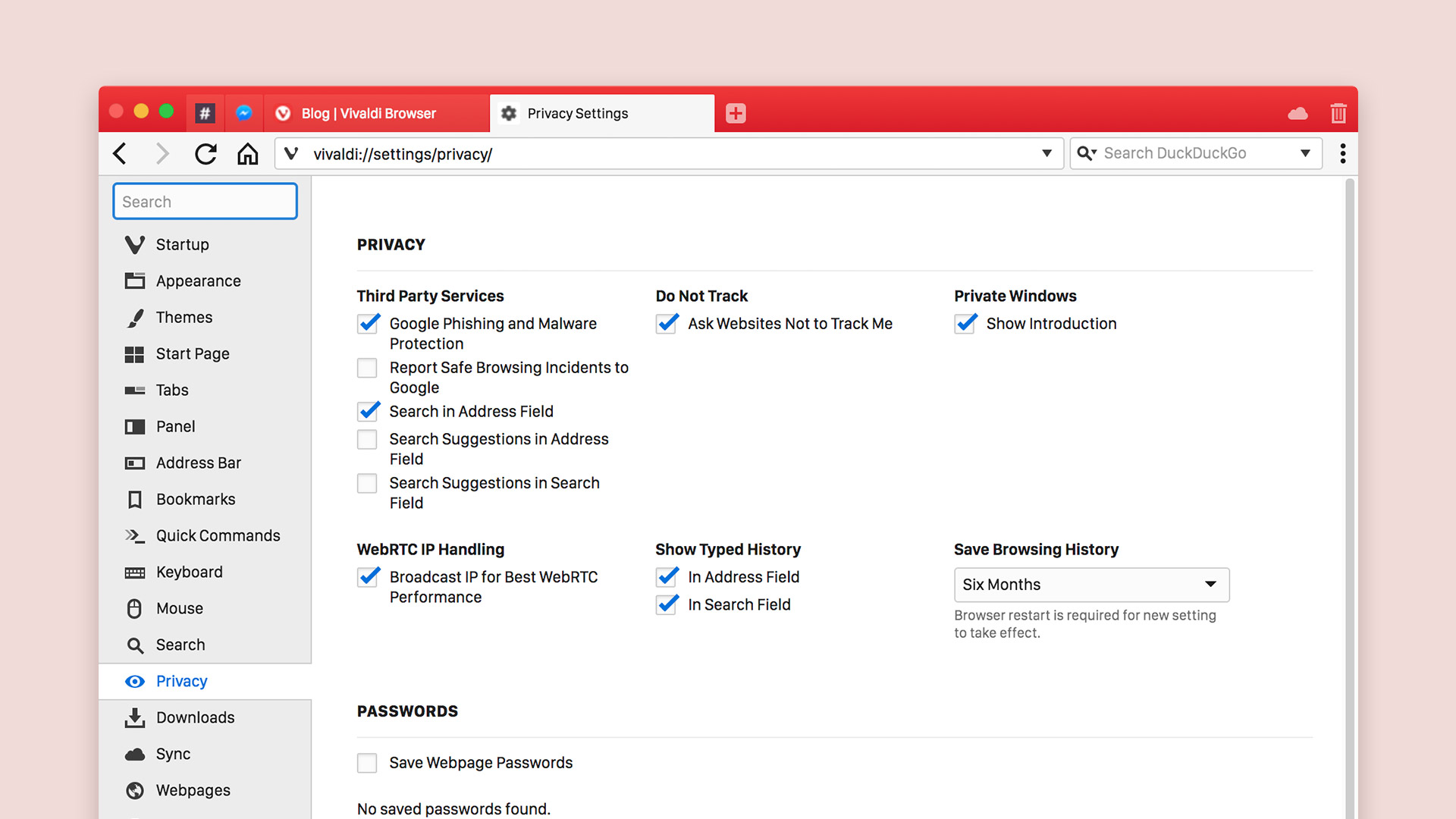 Privacy settings in the Vivaldi browser, including an option to enable or disable Google Phishing and Malware Protection