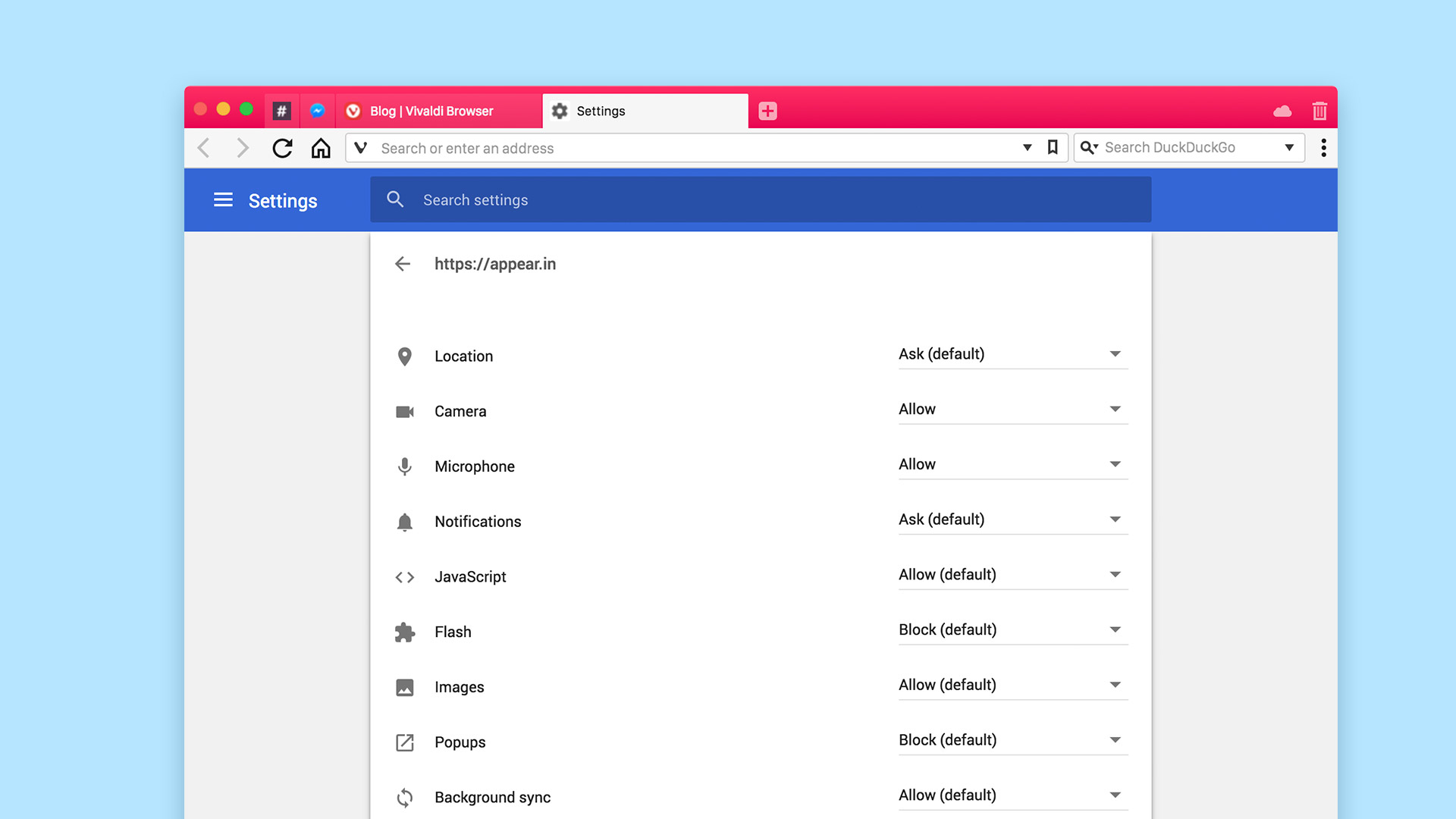 Site-specific settings allow you to disable permissions like access to your camera and microphone.