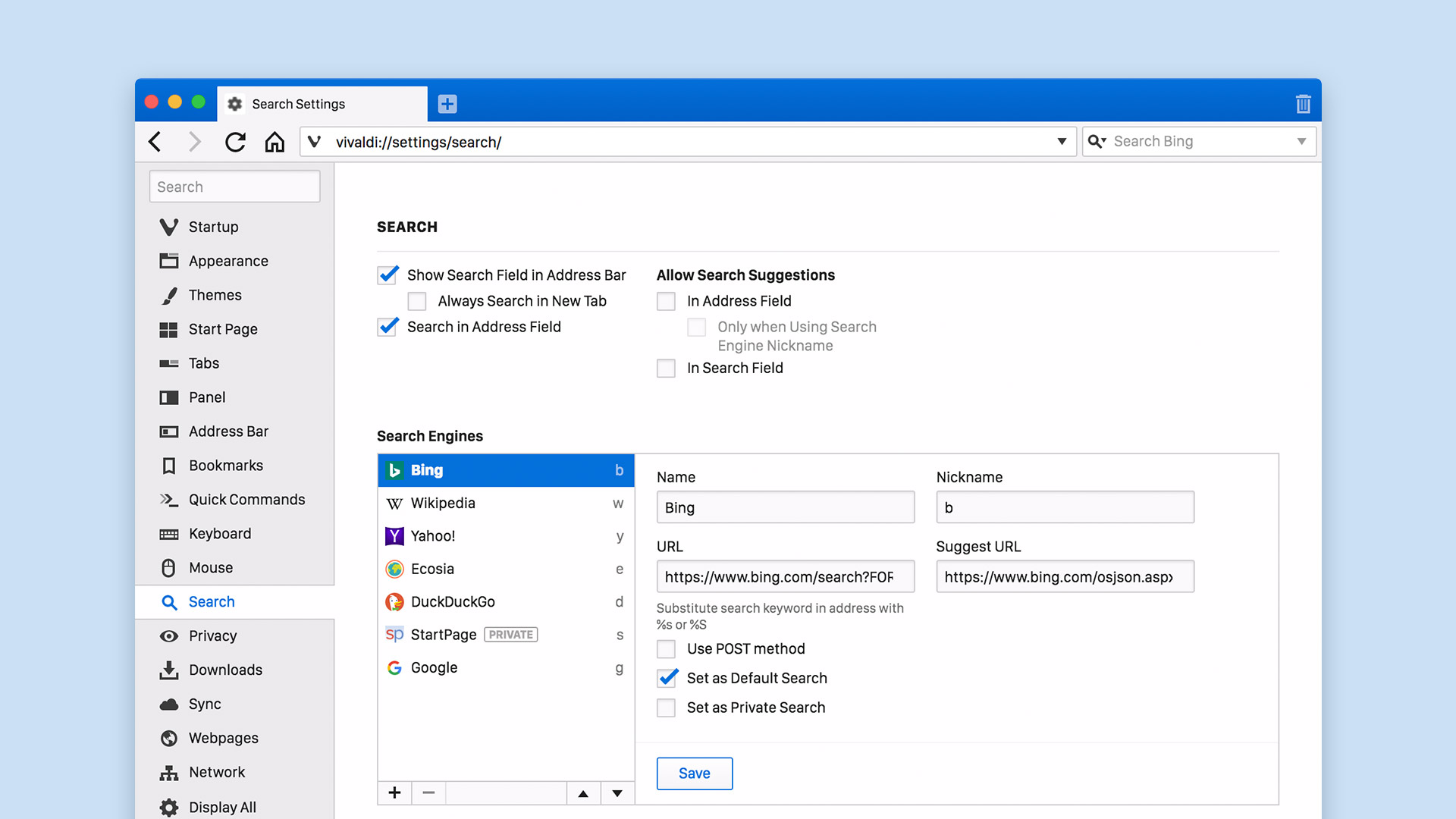 Search Settings in Vivaldi browser