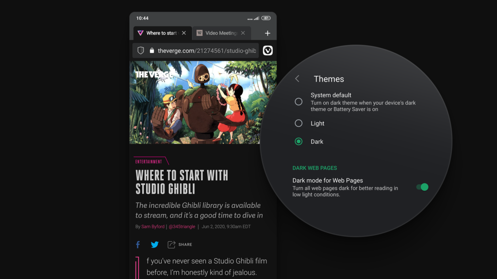 Темная тема и темный режим в браузере Vivaldi Android