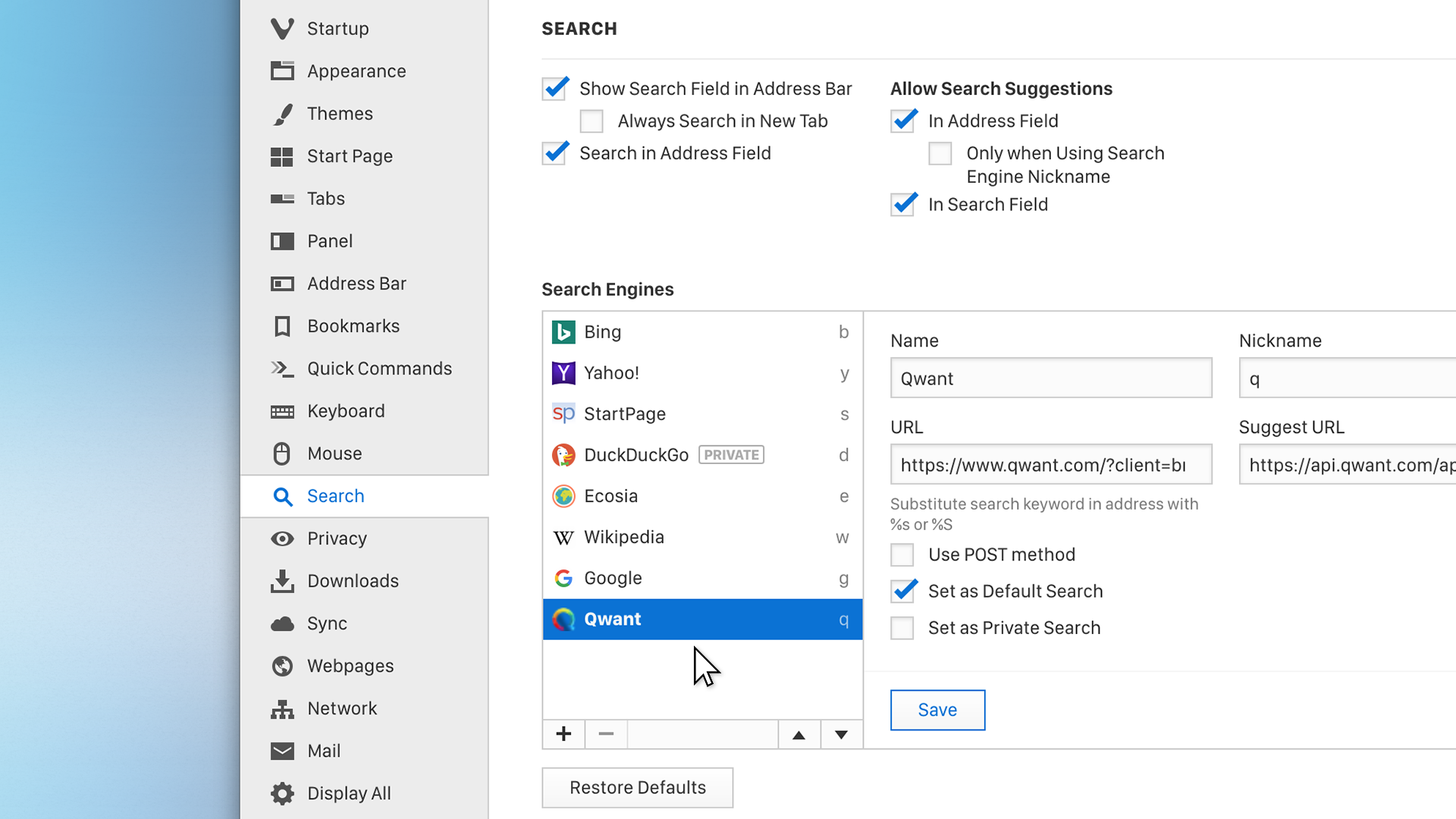 Search settings in the Vivaldi browser include a number of privacy-friendly options like DuckDuckGo, Qwant and StartPage.