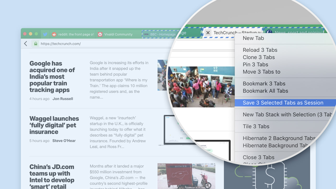 Saving selected tabs as a session in Vivaldi browser